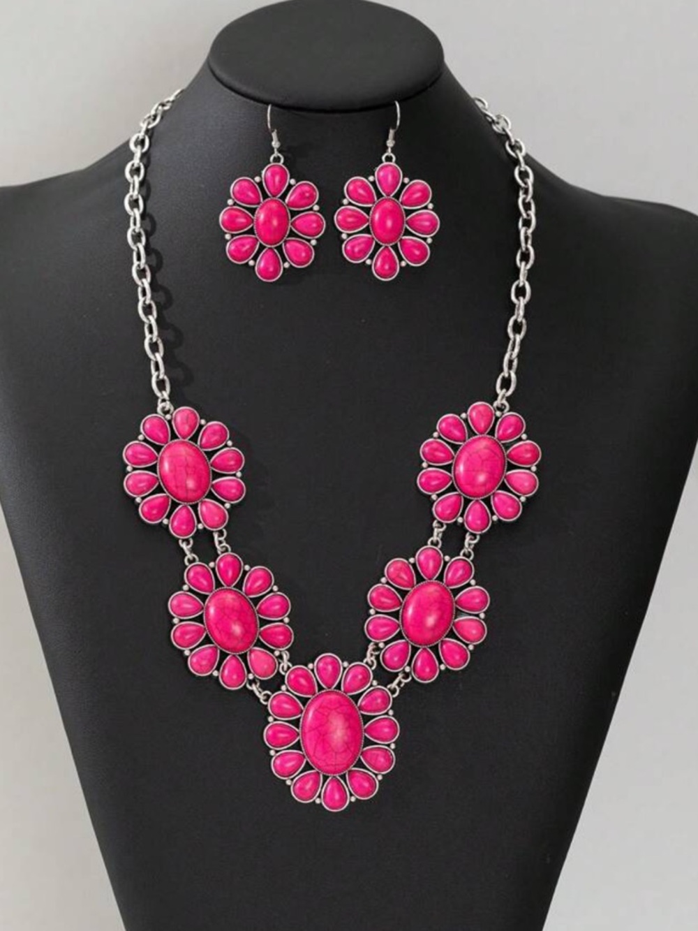 NWOTWestern Pink Faux Turquoise Squash Blossom Statement Necklace & Earrings Set